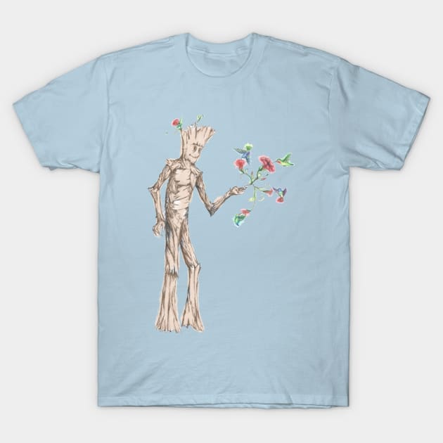 Groot with hummingbirds T-Shirt by kktibbs